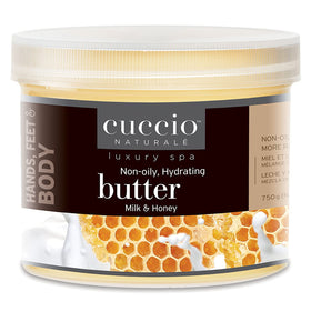 Cuccio Naturale Milk & Honey Butter Blend bottle pour for long-lasting hydration.