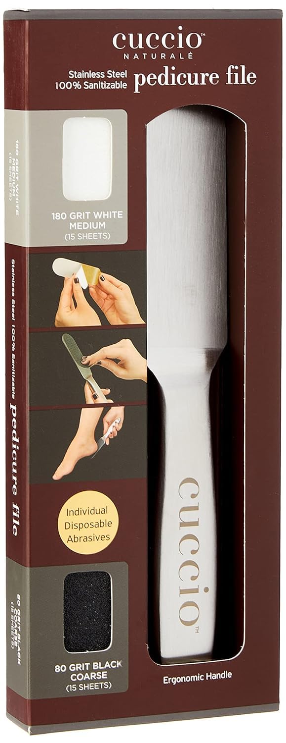 Cuccio Naturale pedicure file with ergonomic handle for precise callus removal at home.