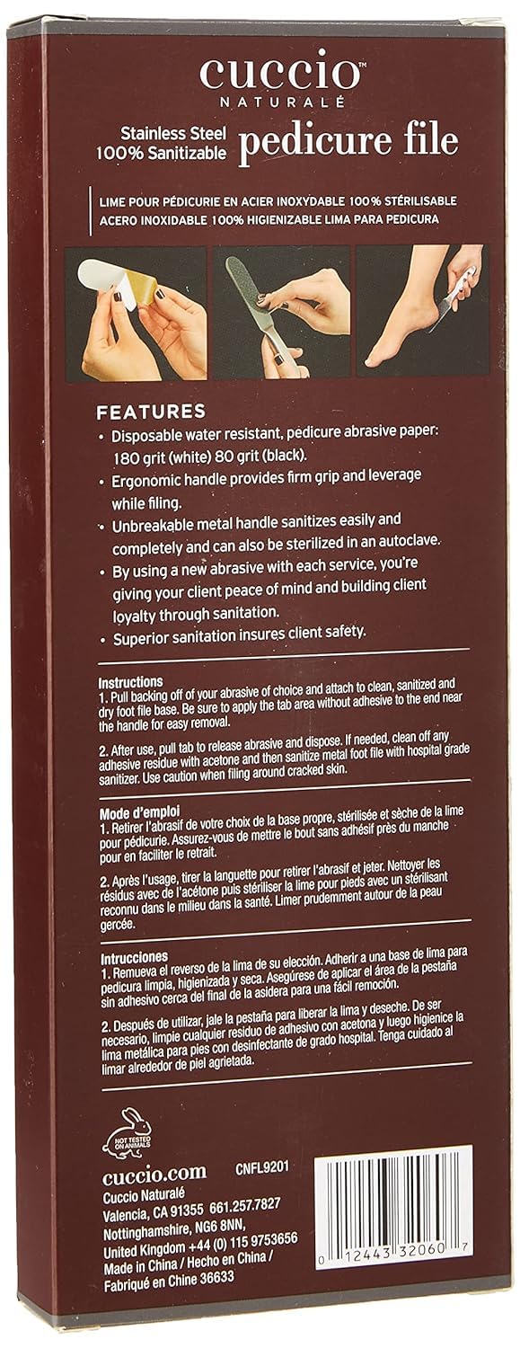Cuccio Naturale pedicure file in use, smoothing rough skin with a steady grip.