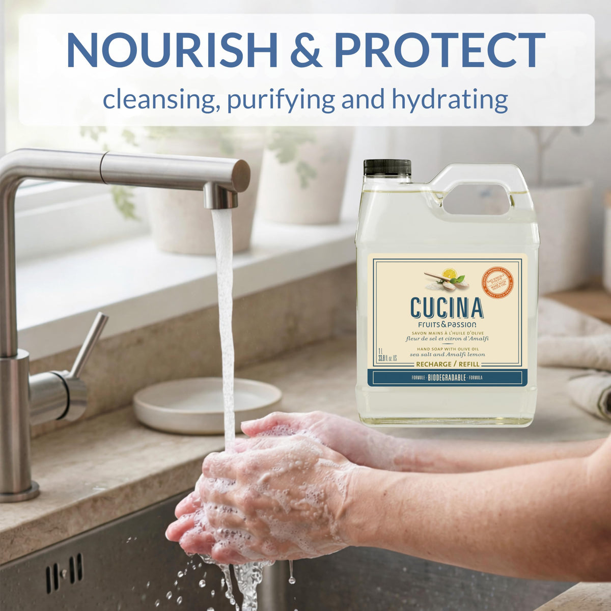 Cucina refill packaging highlighting biodegradable formula for eco-conscious homes.