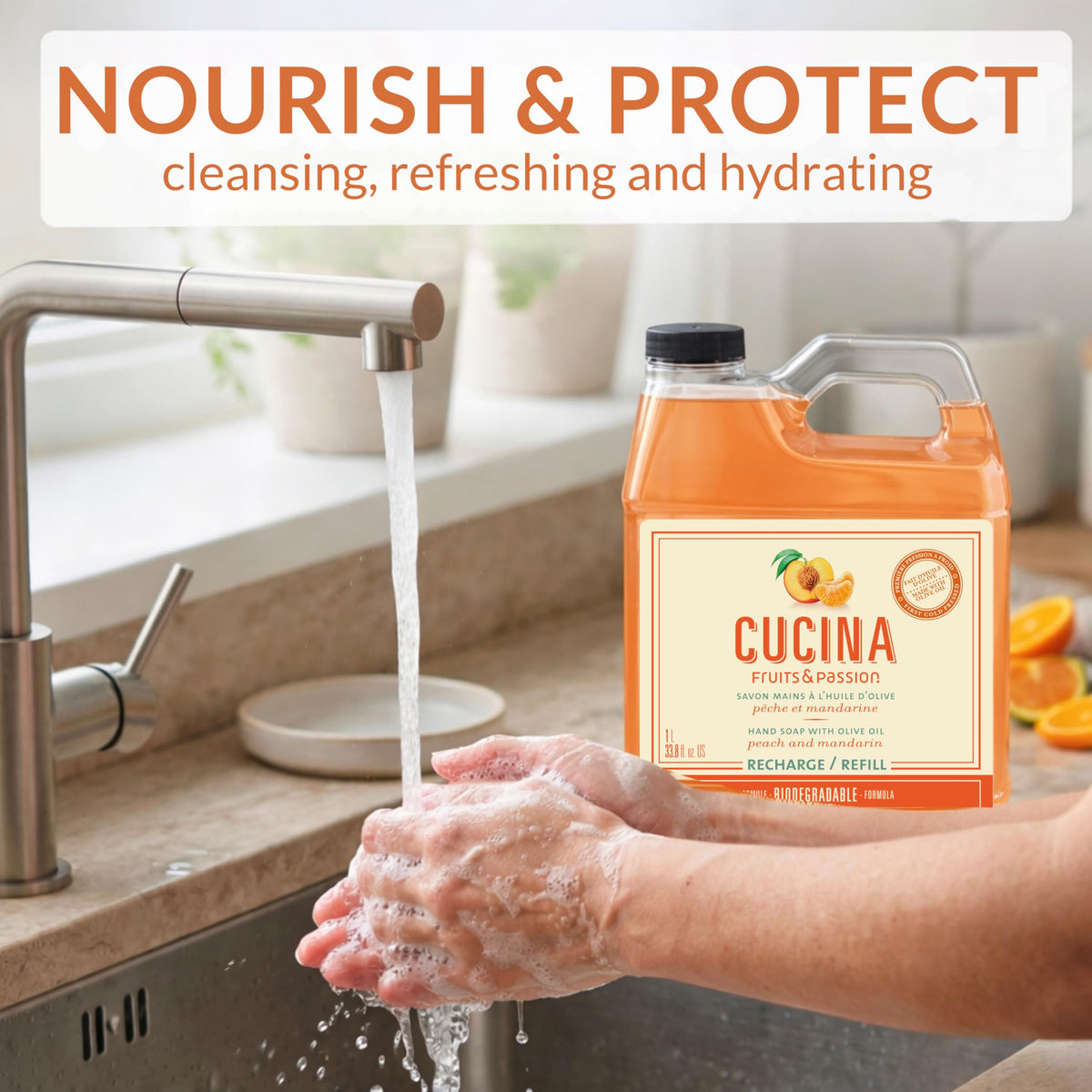 Cucina refill bottle highlighting eco-friendly packaging and waste reduction.