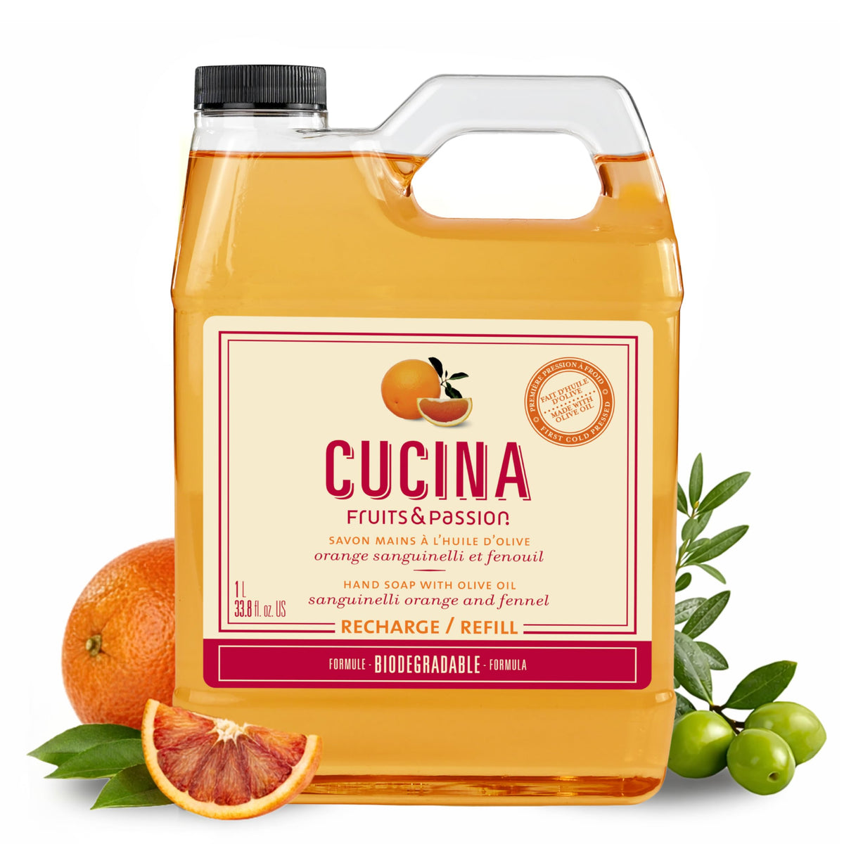 Cucina Fruits & Passion hand soap refill bottle pour with refreshing orange fennel scent