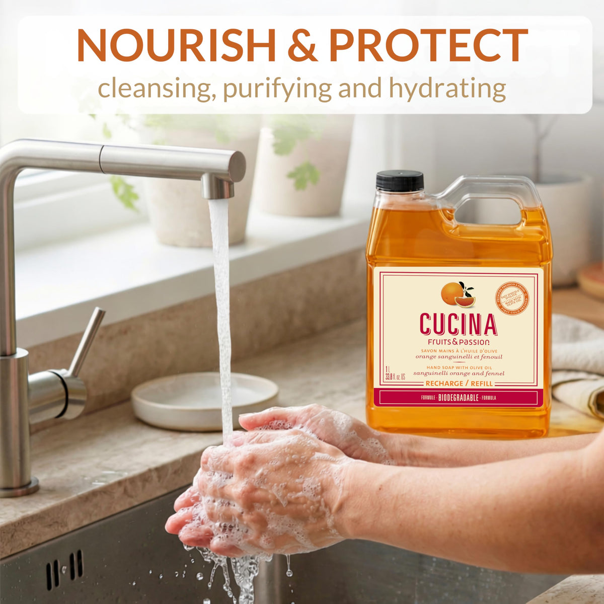 Cucina kitchen counter shot highlights easy refill and reduced waste