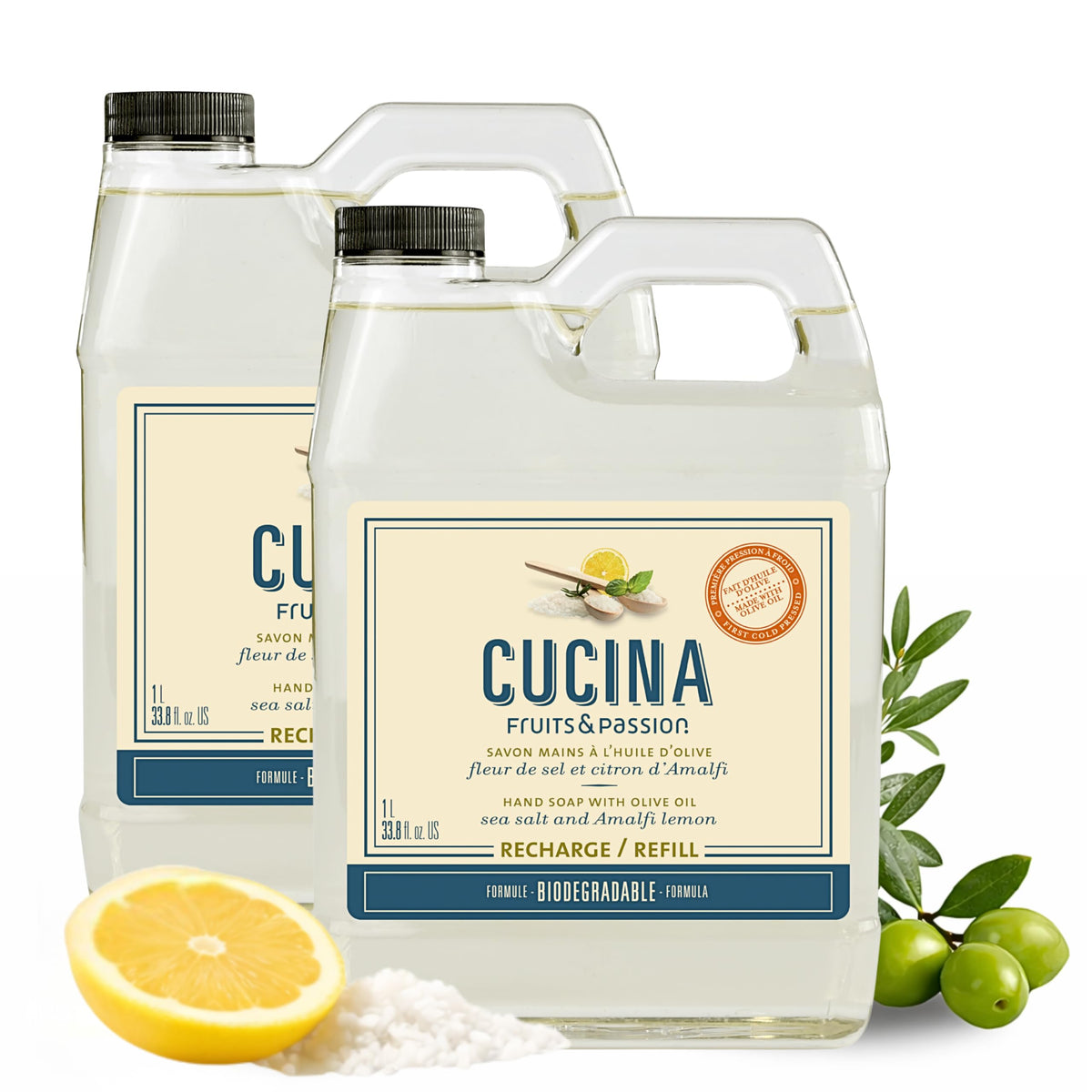 Cucina Fruits & Passion hand soap refill bottle with sea salt and Amalfi lemon scent for kitchens.