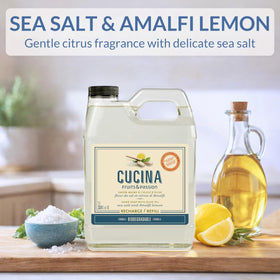 Cucina refill bottle shown dispensing in a standard soap dispenser for easy upgrades.