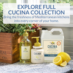 Cucina hand soap contains olive oil to help maintain skin comfort during frequent washing.