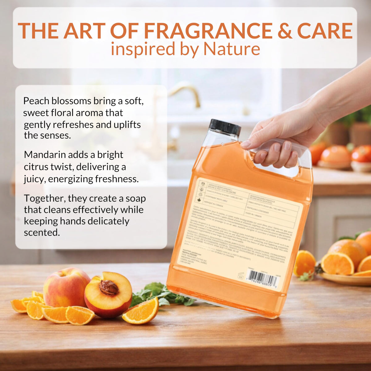 Peach and mandarin scent adds bright aroma to daily handwashing.