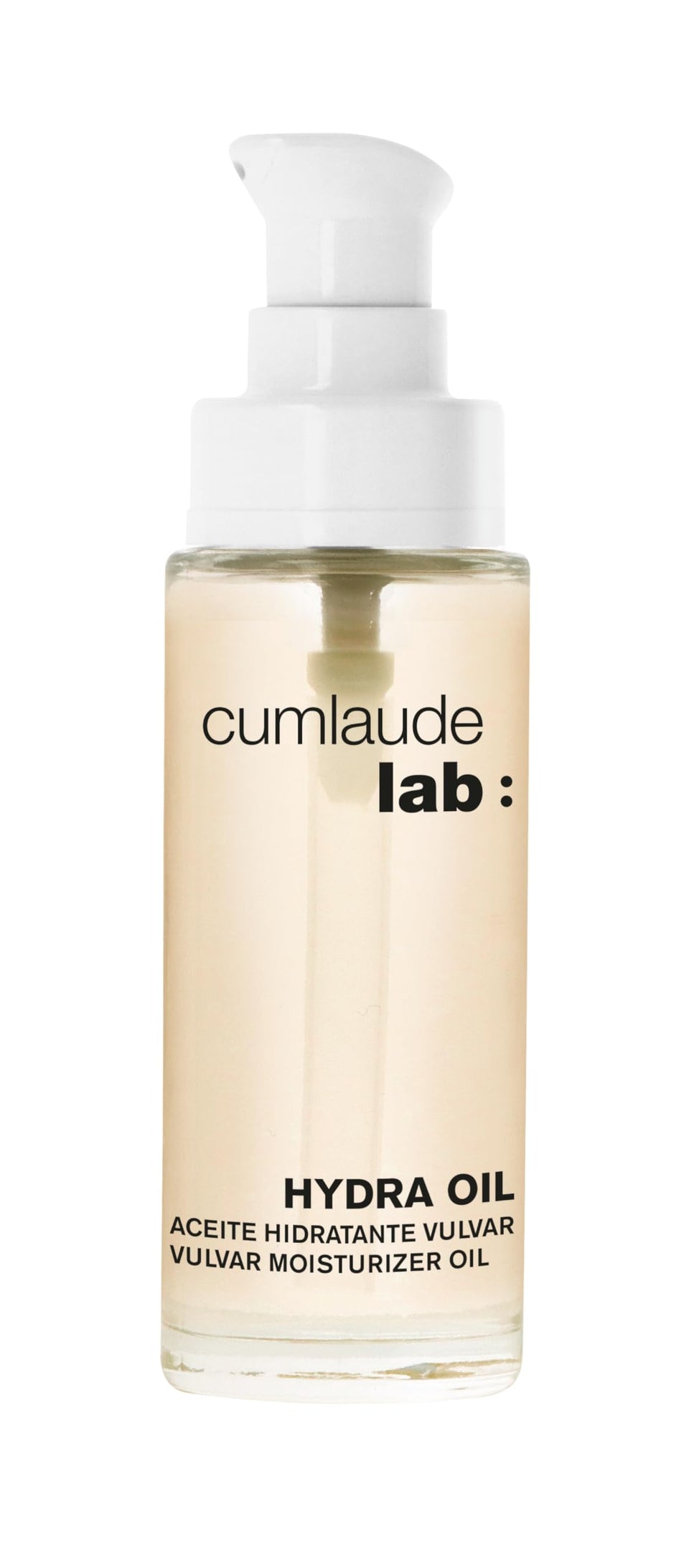 Cumlaude Hydra Oil bottle pour for vulvar hydration and gentle care.