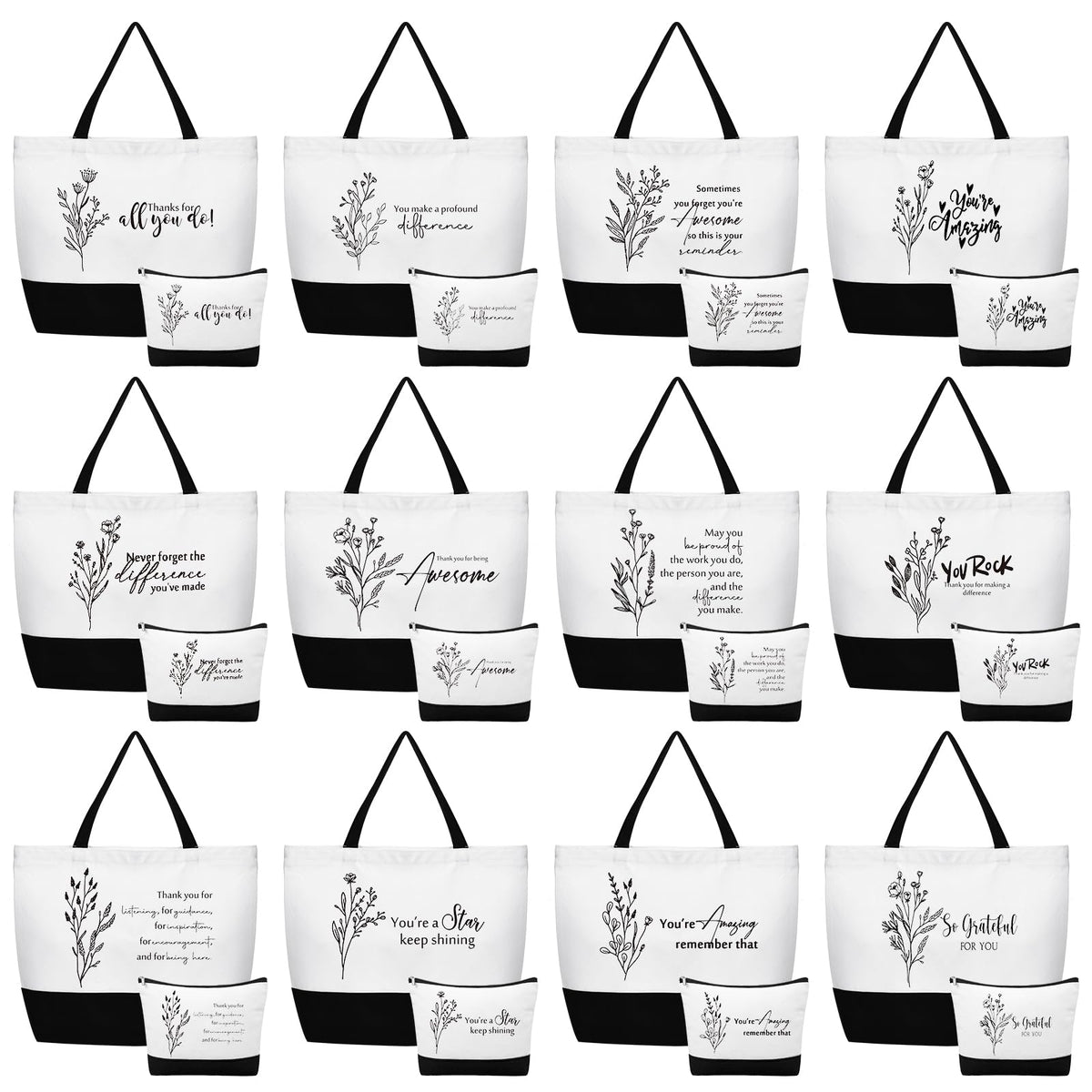 Cunno 24-piece thank you gifts set with floral canvas bags, ready for gifting.