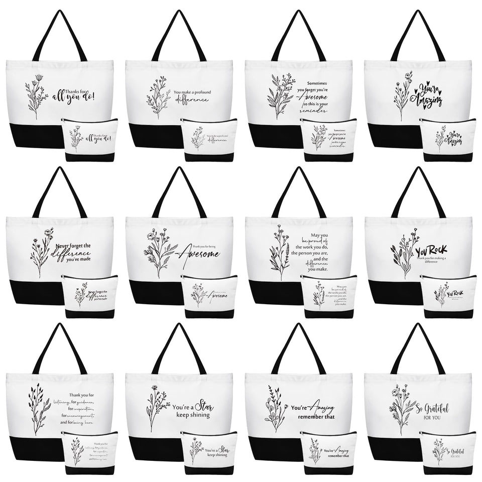 Cunno 24-piece thank you gifts set with floral canvas bags, ready for gifting.