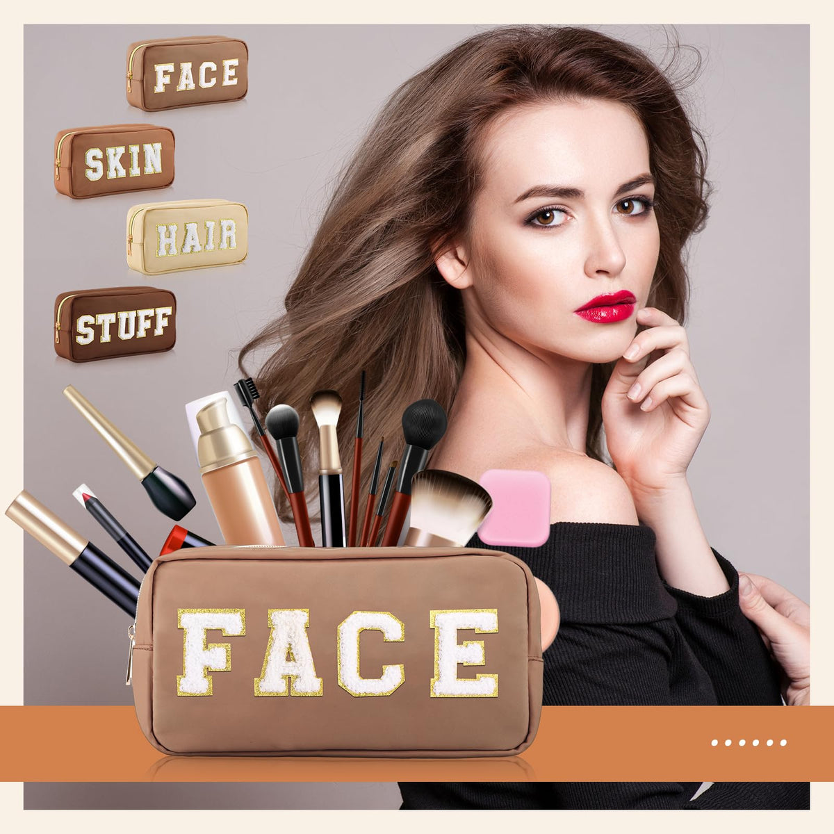 Cunno chenille-patch brown makeup bag with playful style