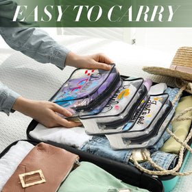 Cunno clear makeup bag in dance pattern organizes makeup for performances and travel.