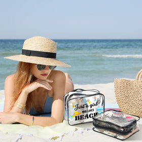 Cunno clear makeup bag in swim pattern stores cosmetics for poolside trips.