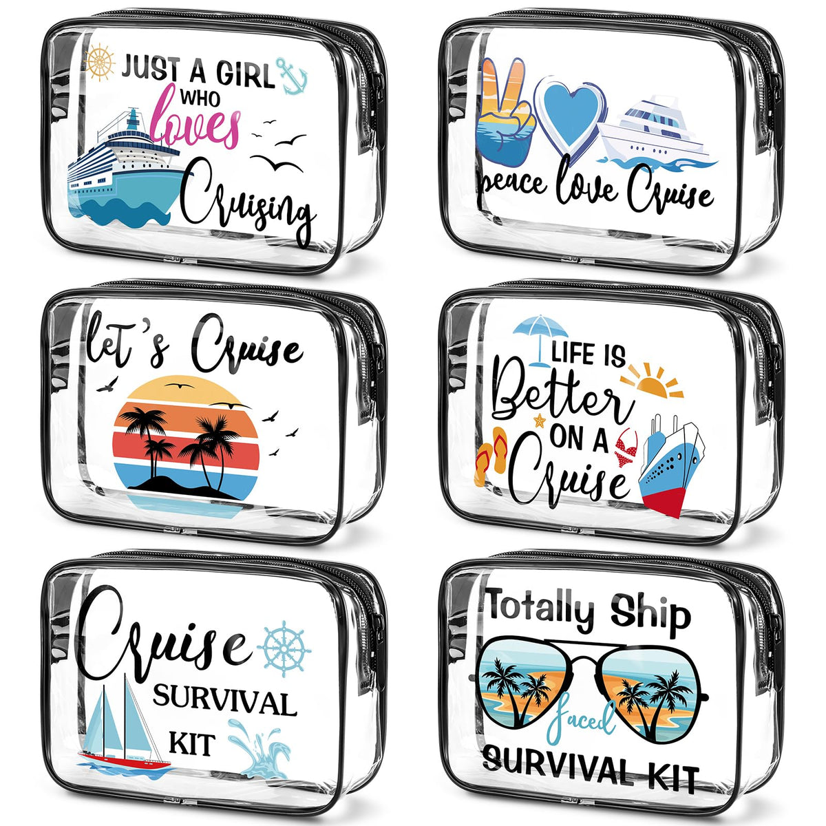 Cunno Cruise clear makeup bags six-pack, perfect for quick travel organization.
