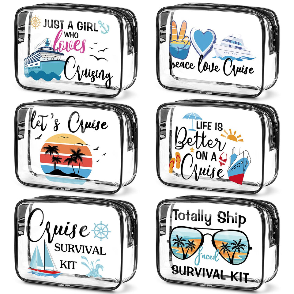 Cunno Cruise clear makeup bags six-pack, perfect for quick travel organization.