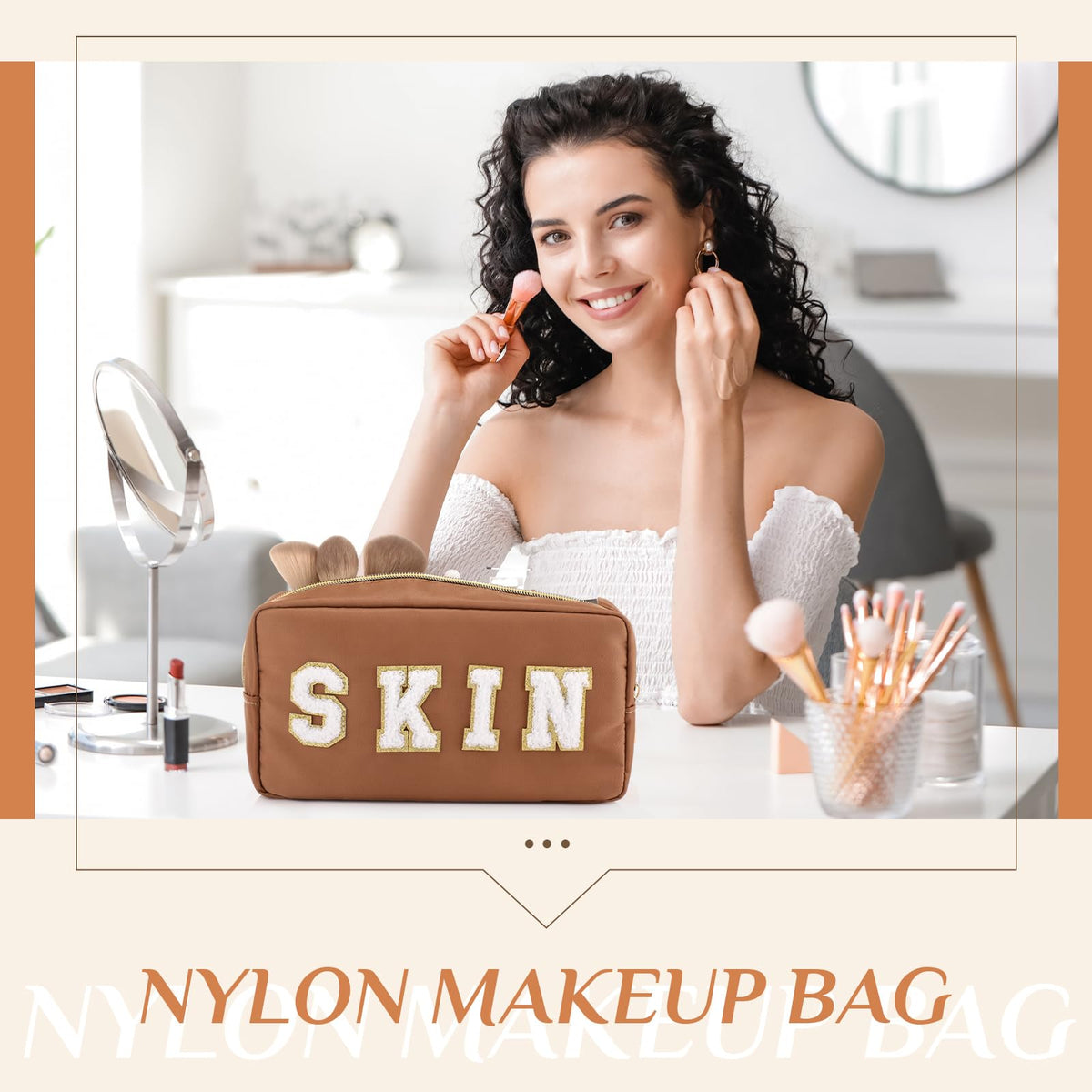 Cunno hair-style brown makeup bag stores brushes and accessories