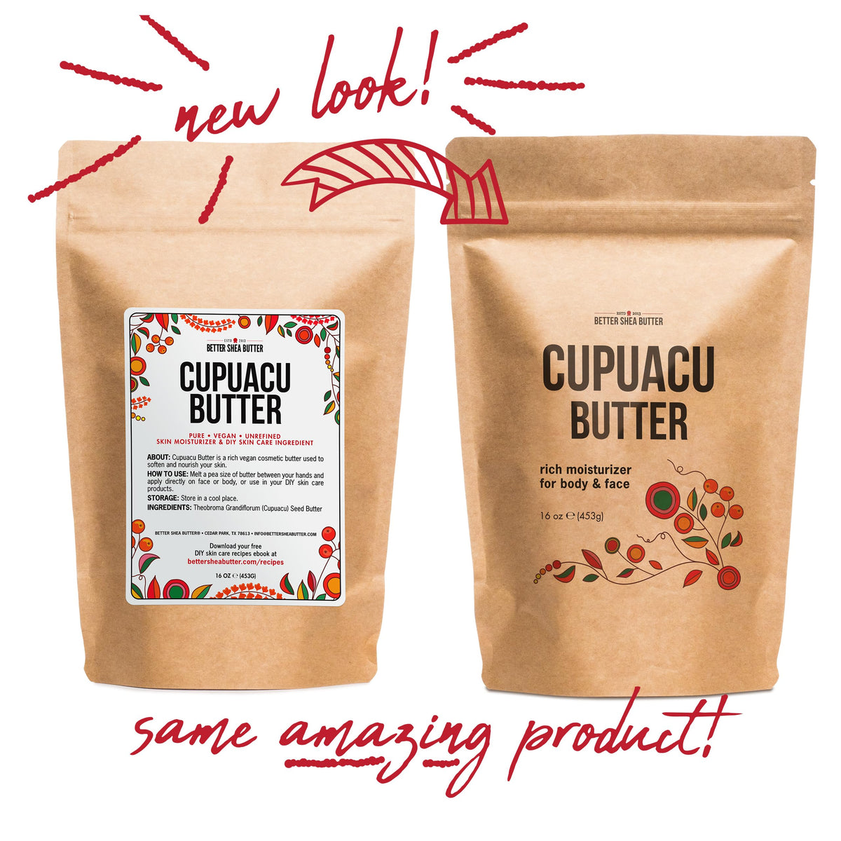 Better Shea Butter Cupuaçu Butter labels hint at natural skincare versatility.