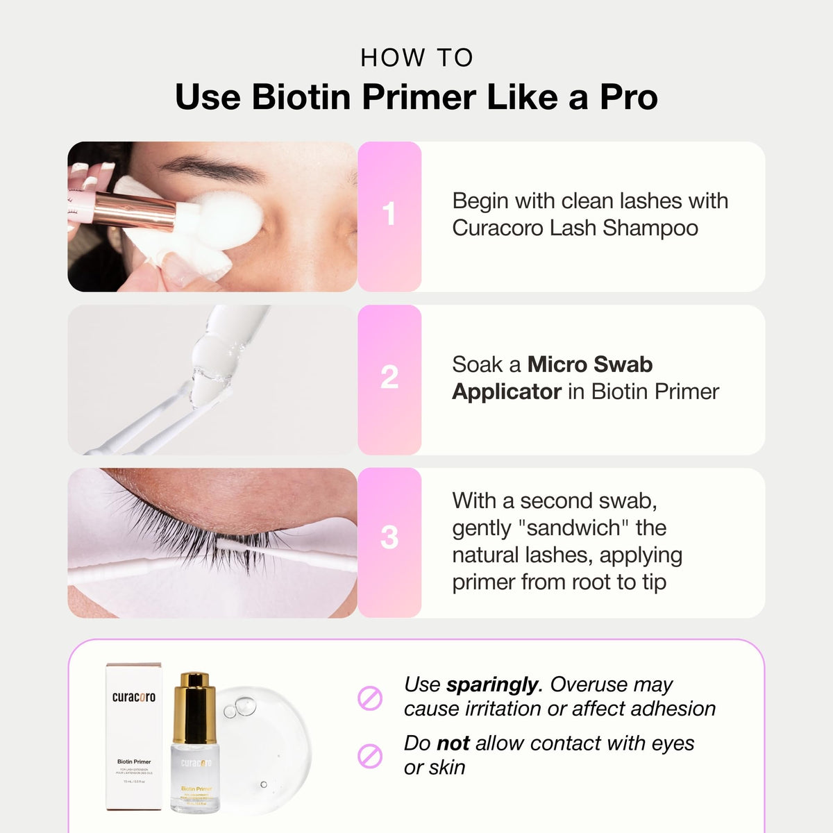 CURACORO Biotin Lash Primer application from root to tip supports clean lash prep