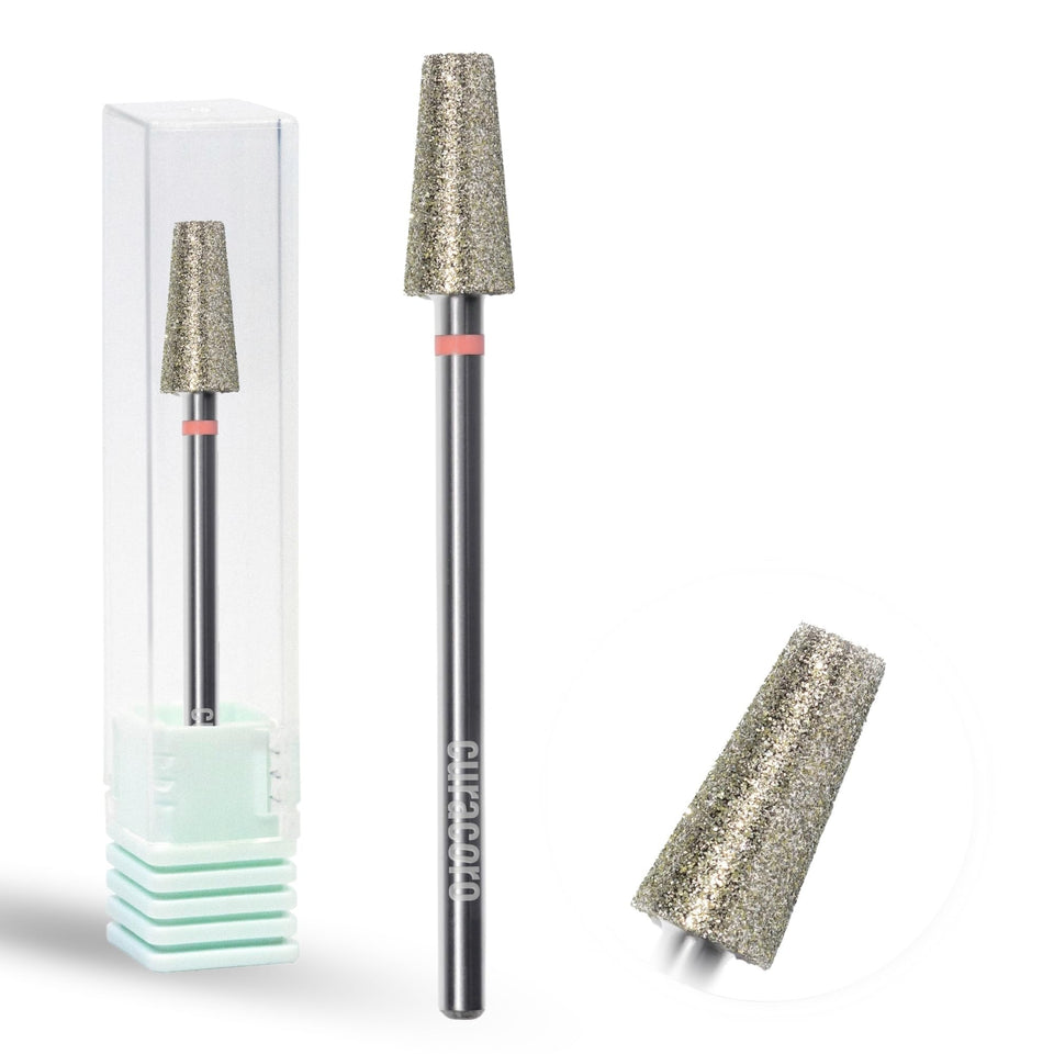 Curacoro cuticle nail drill bit close-up shows tapered tip for precise refinement.