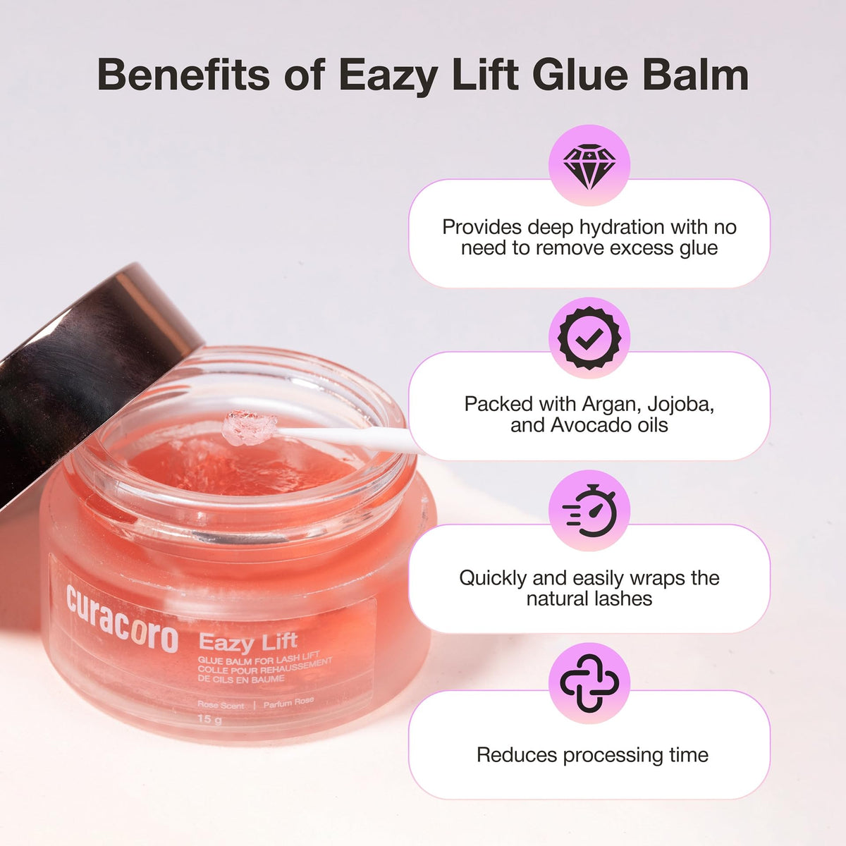 Curacoro Eazy Lash Lift Glue Balm applicator enabling precise placement.