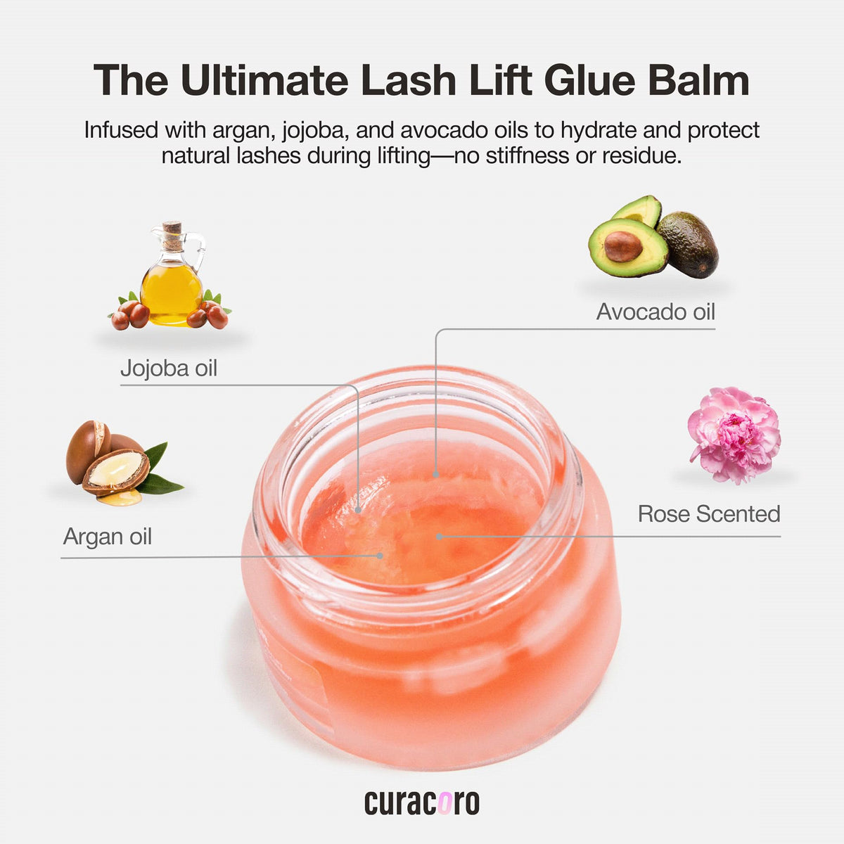 Curacoro Eazy Lash Lift Glue Balm oils blend nourishes lashes.