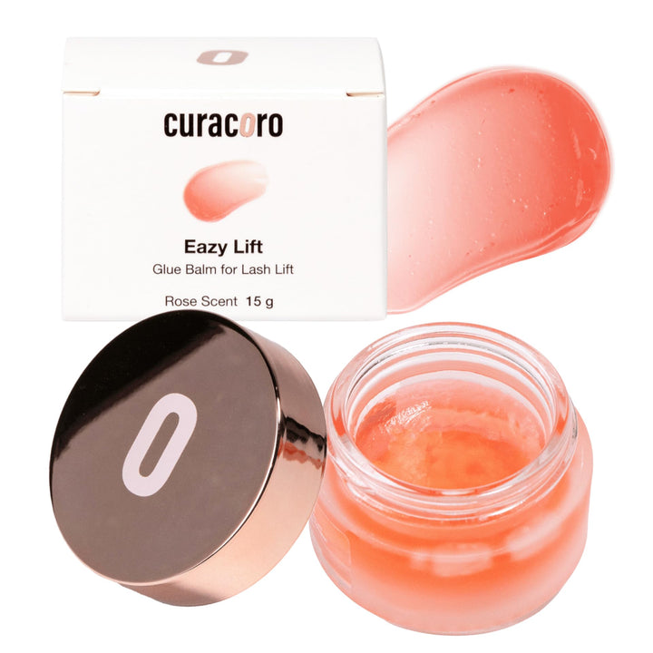 Curacoro Eazy Lash Lift Glue Balm bottle closeup for rose-scent hydration.