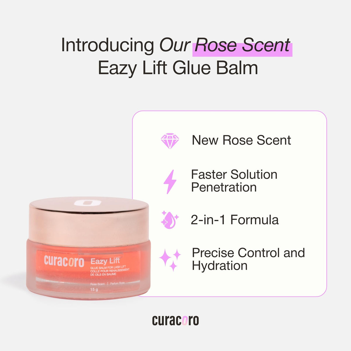 Curacoro Eazy Lash Lift Glue Balm rose fragrance enhances lash session aroma.