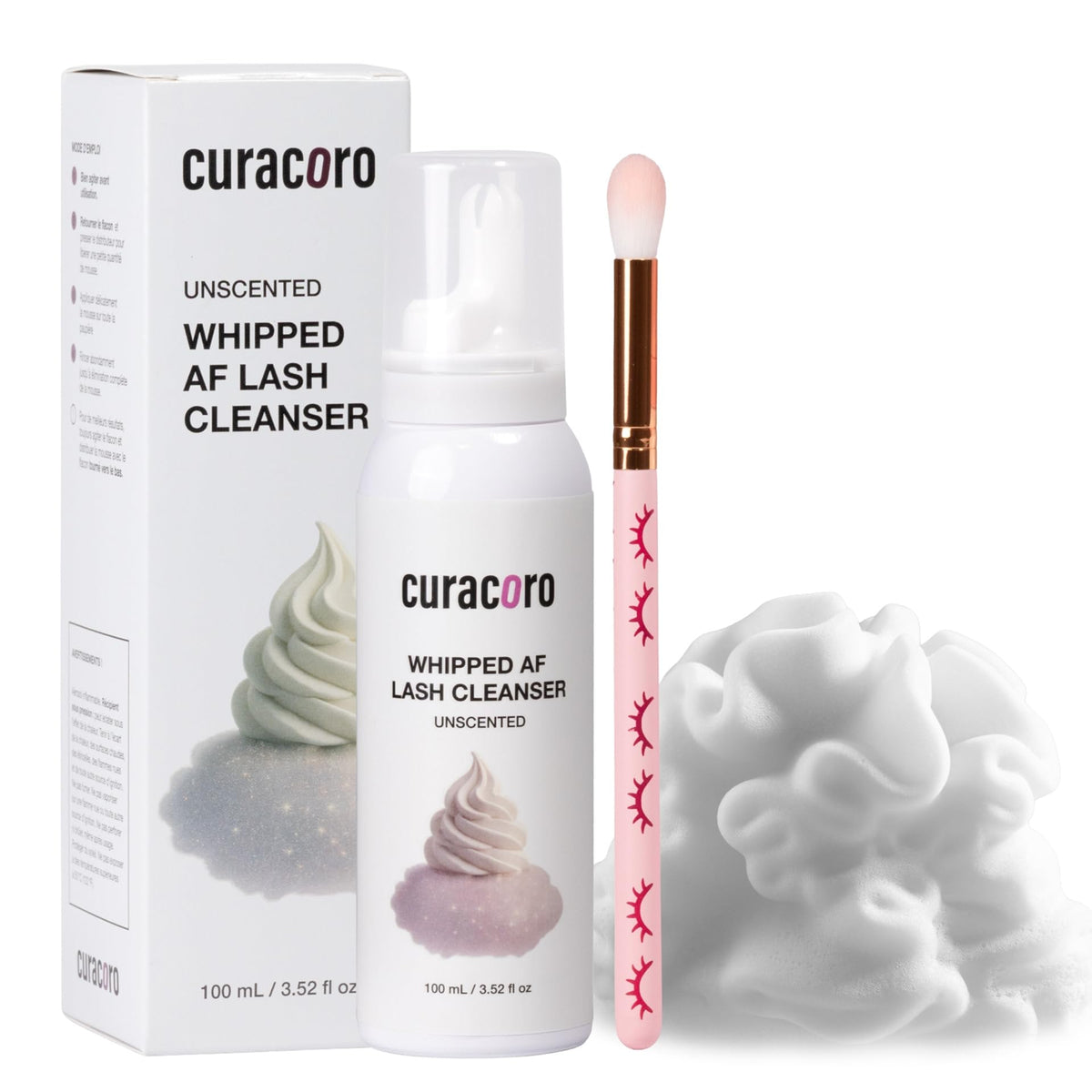 CURACORO eyelash cleanser bottle with dense foam for quick cleansing.