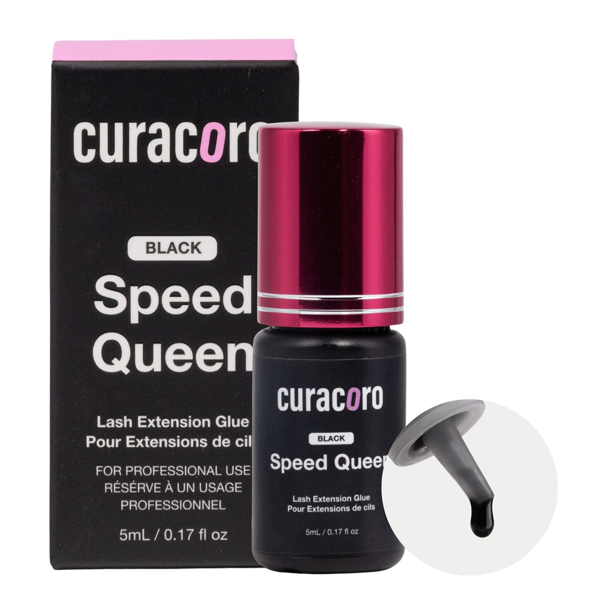 Curacoro eyelash glue bottle front view highlights bold black formula for salon use.