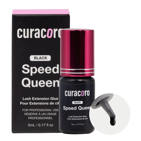 Curacoro eyelash glue bottle front view highlights bold black formula for salon use.