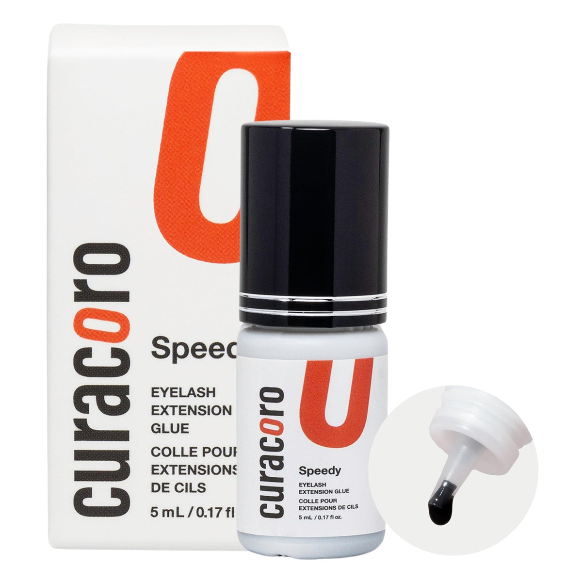 Curacoro eyelash glue in clear bottle, ideal for salon use and precise bonding.