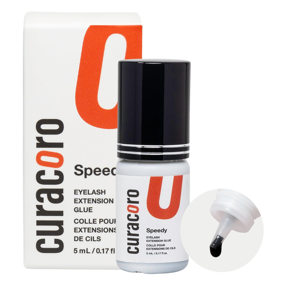 Curacoro eyelash glue in clear bottle, ideal for salon use and precise bonding.