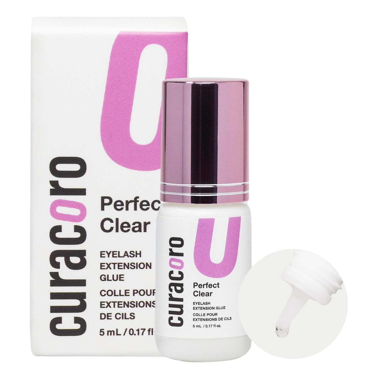 CURACORO eyelash glue clear close-up showing fast-dry adhesion for salon extensions