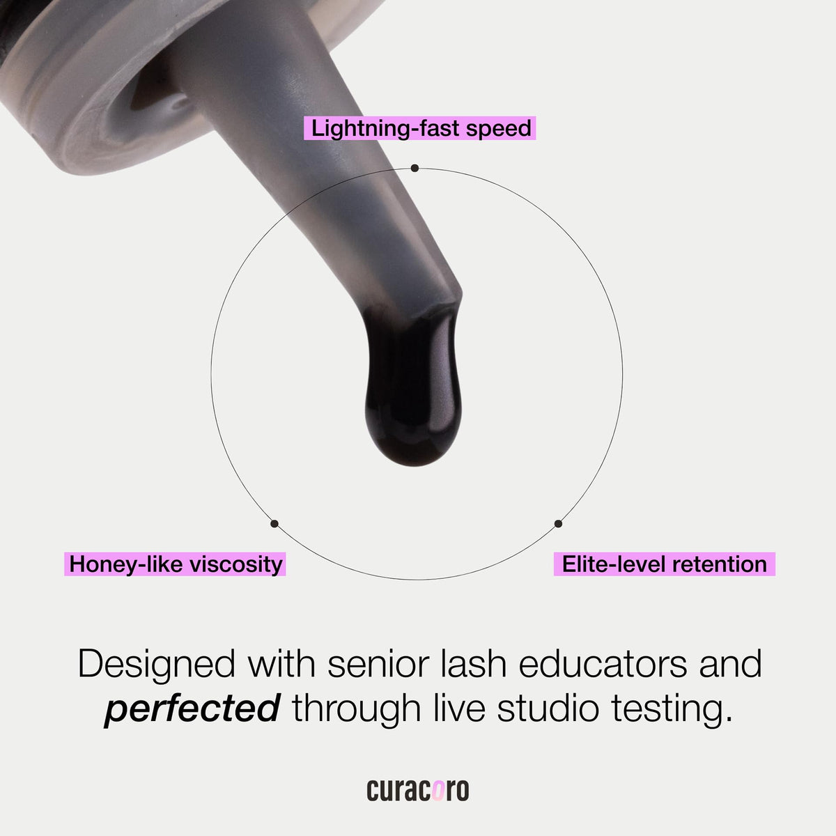 Curacoro eyelash glue dispensing tip demonstrates precise application for technicians.