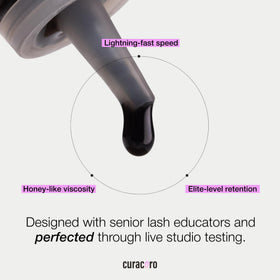 Curacoro eyelash glue dispensing tip demonstrates precise application for technicians.