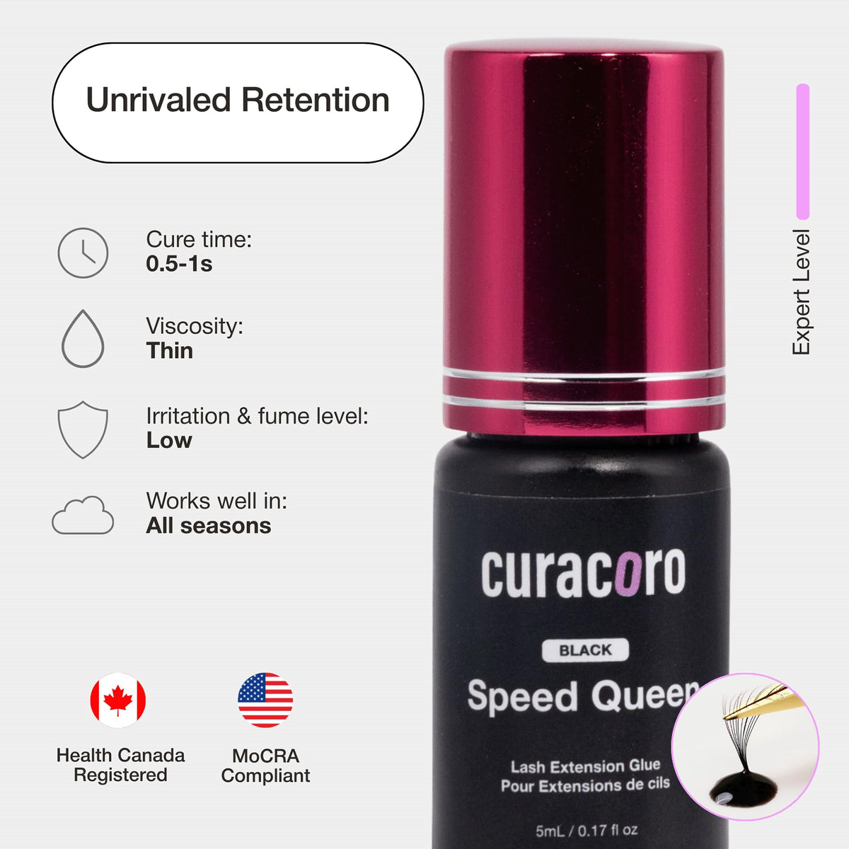 Curacoro eyelash glue texture close-up showcases honey-thick viscosity for controlled pickup.