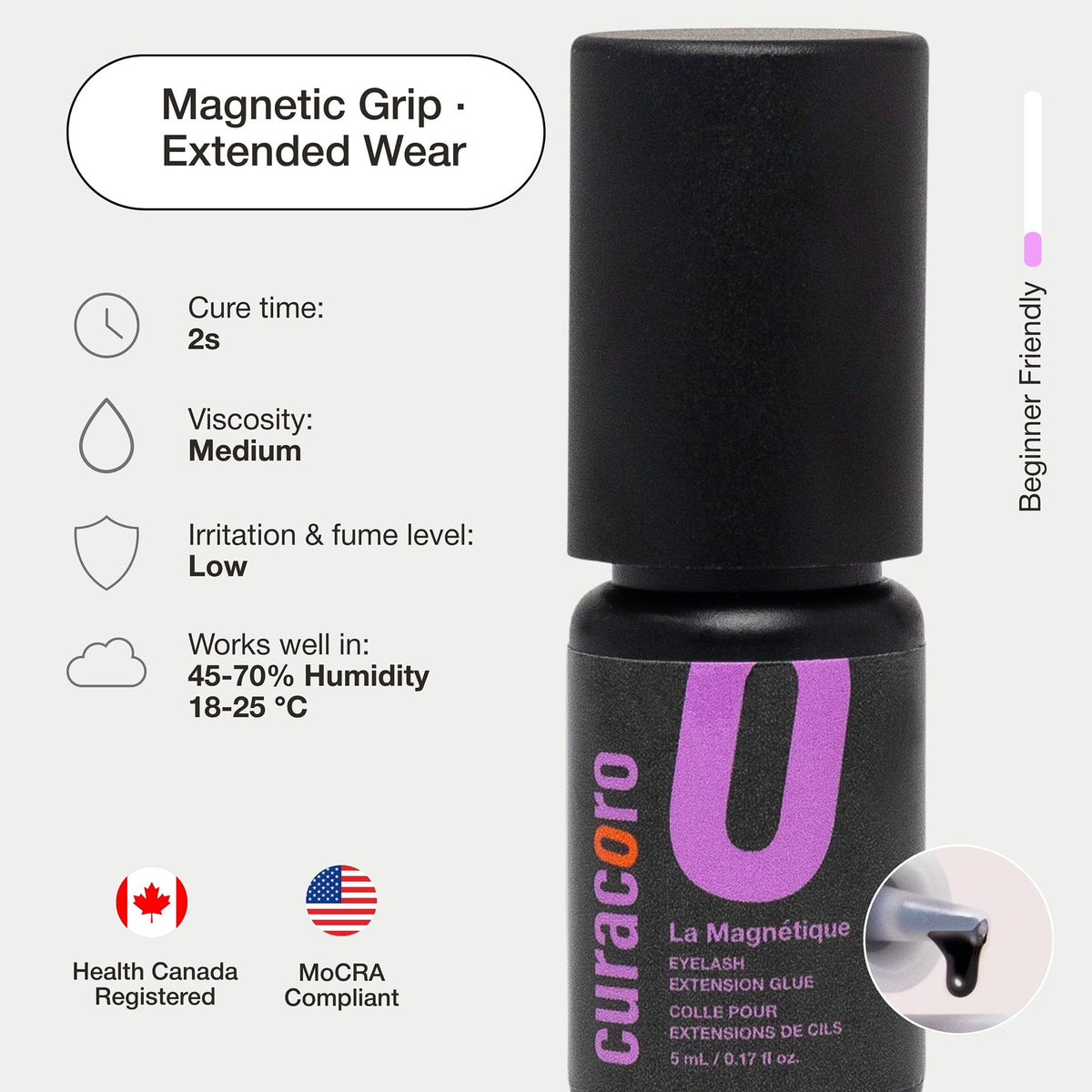 Curacoro eyelash glue humidity-range close-up highlights stable performance.