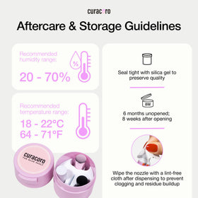 Curacoro eyelash glue packaging shows unopened shelf life and unopened storage guidance.