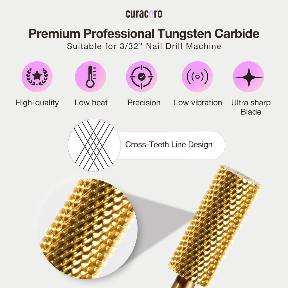 CURACORO carbide medium-grit bit refines acrylic and gel nails for smooth results