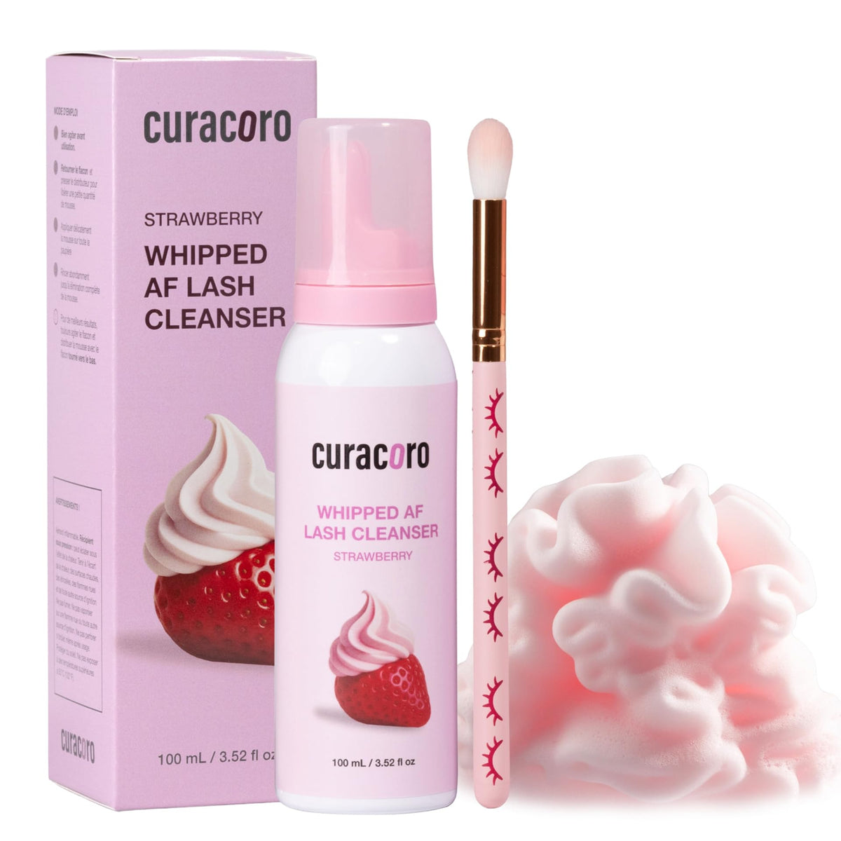 CURACORO strawberry-scented lash cleanser bottle for rapid, gentle lash cleansing.