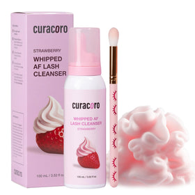 CURACORO strawberry-scented lash cleanser bottle for rapid, gentle lash cleansing.