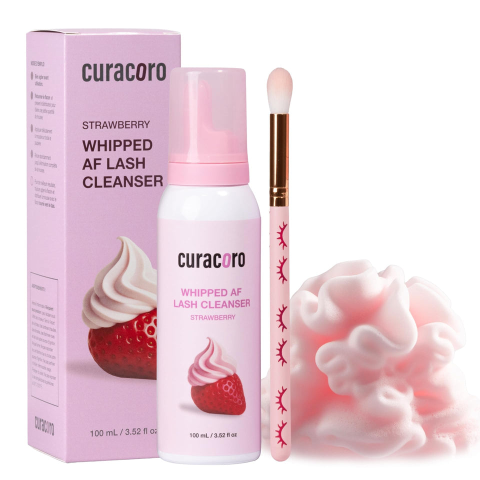 CURACORO strawberry-scented lash cleanser bottle for rapid, gentle lash cleansing.