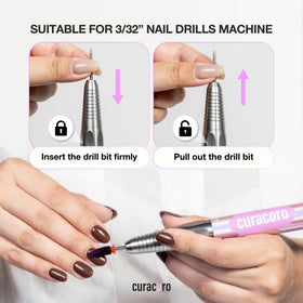 Curacoro Typhoon bits shaping contours for natural nail bed.