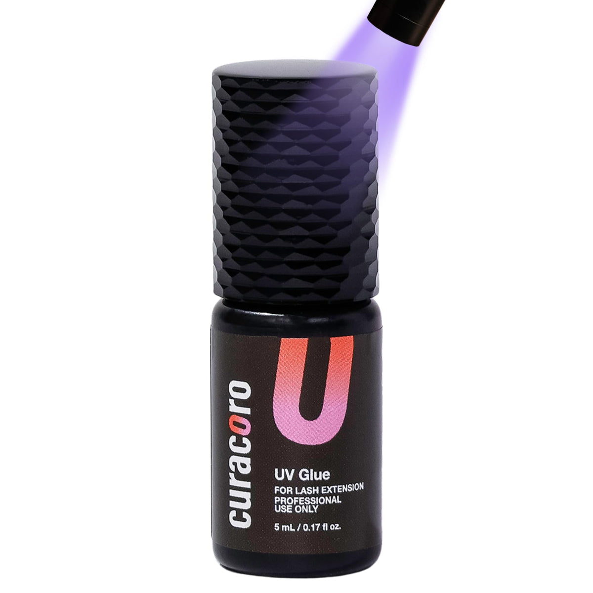 CURACORO UV eyelash glue bottle closeup with a clear formula for seamless lashes