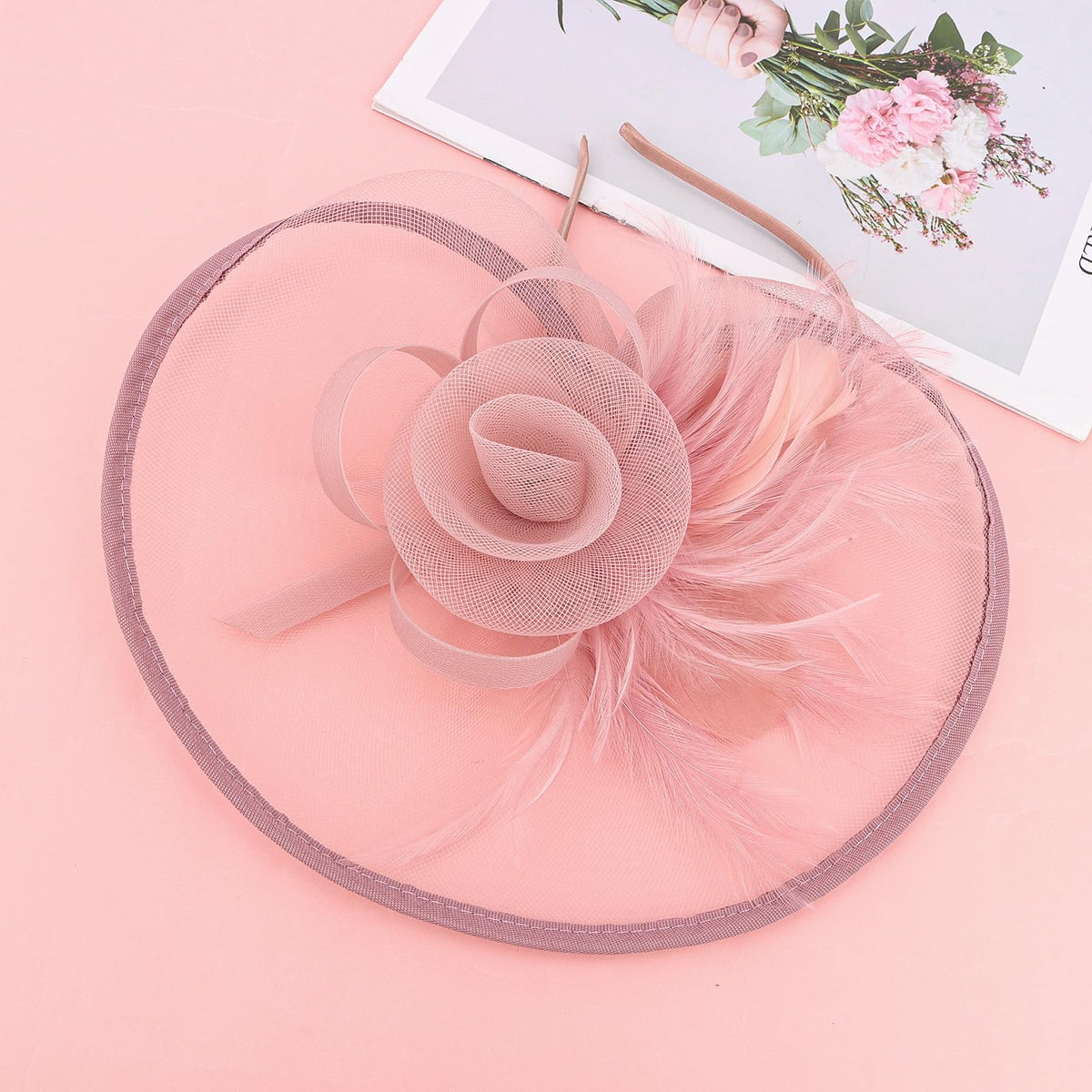 CURASA pink feathers and mesh fascinator adds delicate texture