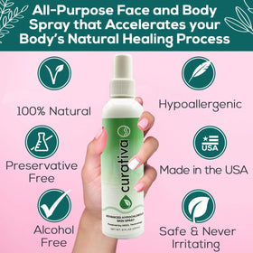 Curativa Bay skin spray application demonstrates easy spritz for fresh skin
