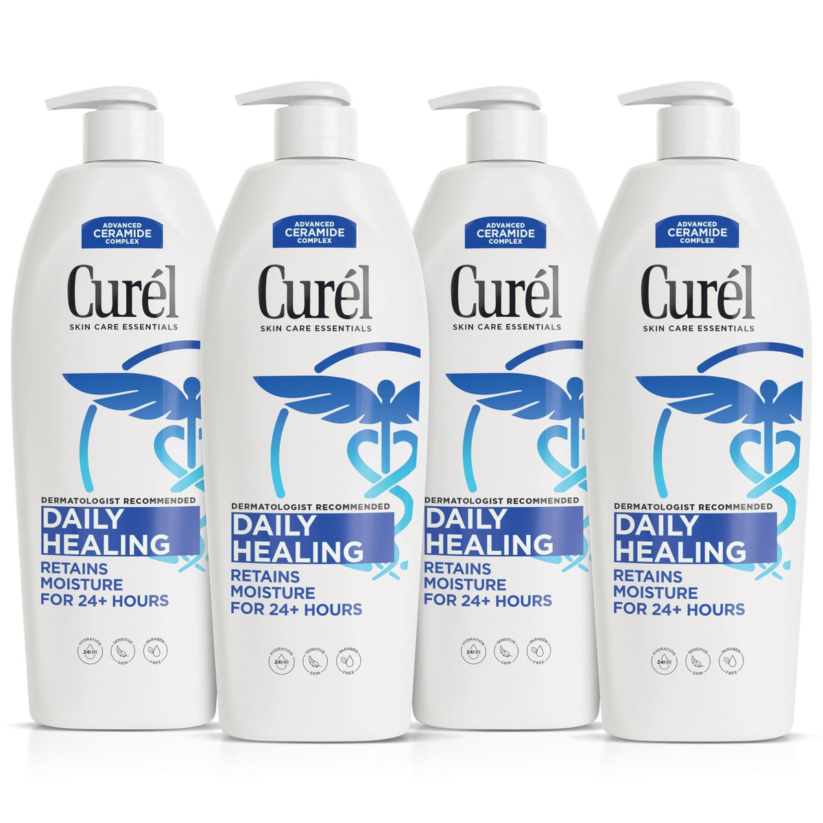 Curel Daily Healing bottle demonstrates 24-hour moisture benefits on dry skin.