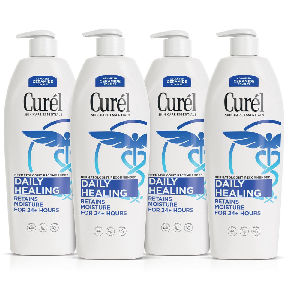 Curel Daily Healing bottle demonstrates 24-hour moisture benefits on dry skin.