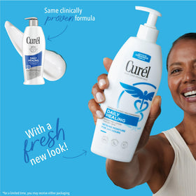 Curel Daily Healing lotion application shows quick absorption on skin.