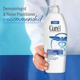 Texture close-up shows non-greasy, fast-absorbing finish from Curel.